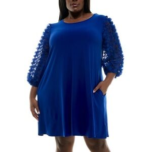 NWT Nina Leonard Mesh Textured Balloon Sleeve Mini Trapeze Dress Sz L